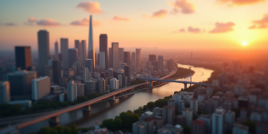 a city with lots of buildings and a bridge in the middle of it with a sky background that is mostly