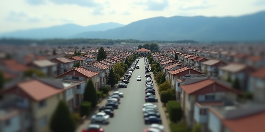 a city with lots of houses and cars parked in front of them and mountains in the background in the d