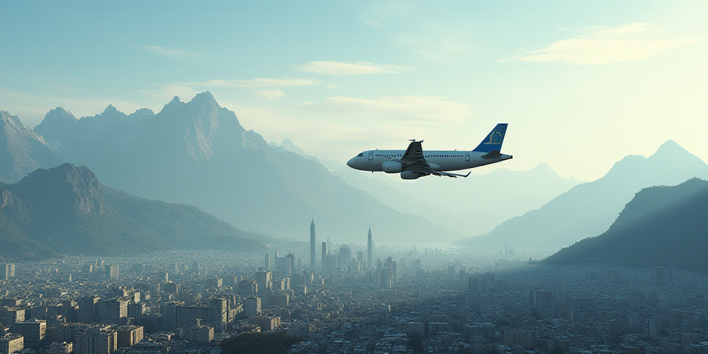 a city with mountains in the background and a plane flying over it in the foreground of the picture,