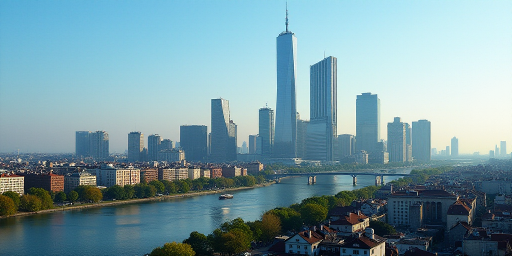 a city with tall buildings and a river in the background with a blue sky in the foreground and a few