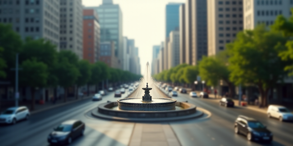 a city with tall buildings and a fountain in the middle of the street and a lot of traffic on the st