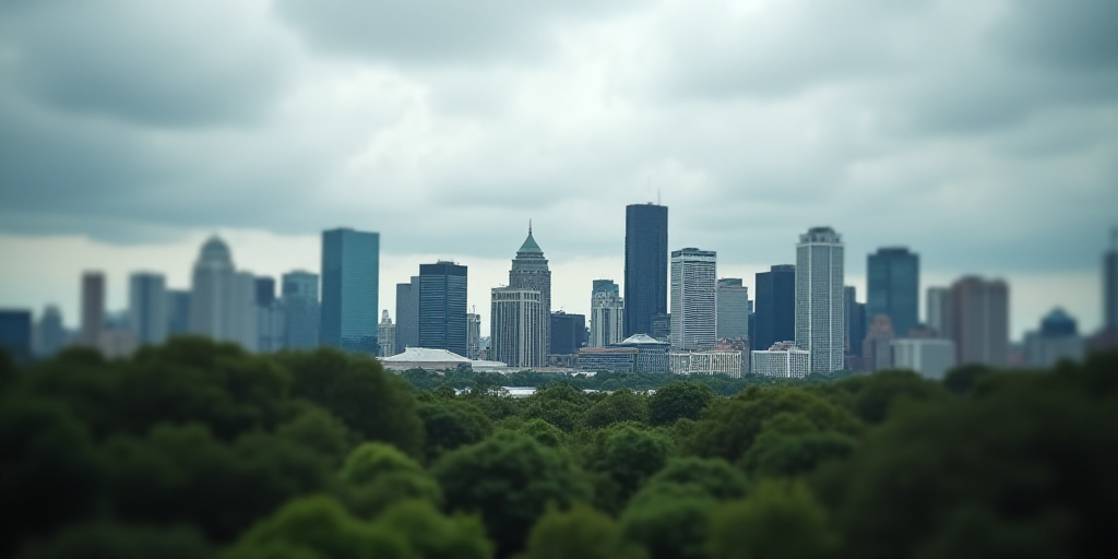 a city with tall buildings and a lot of trees in the foreground and a cloudy sky in the background,