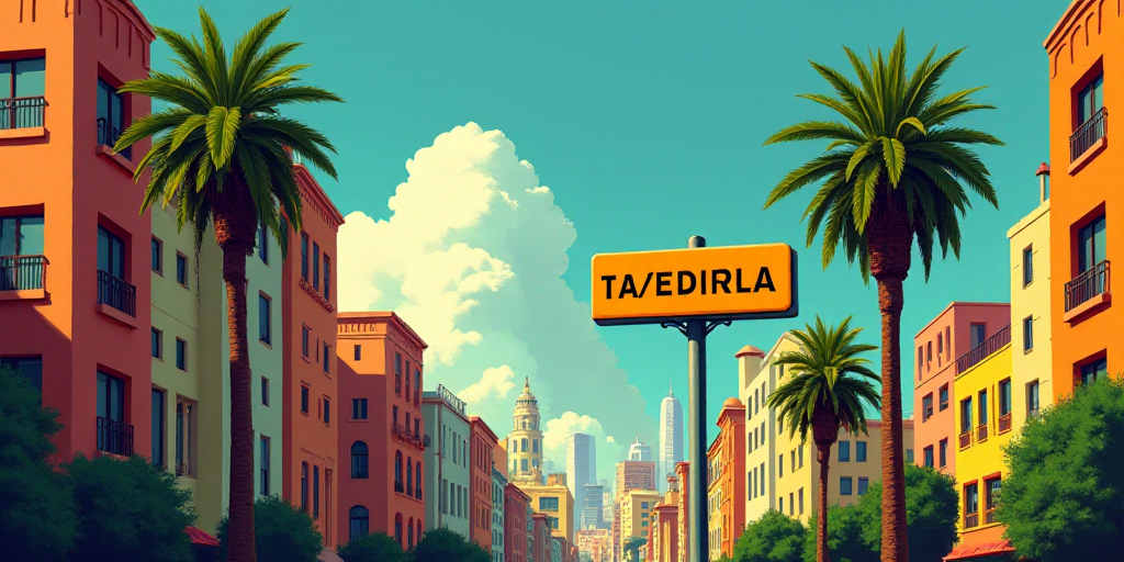 a city with tall buildings and a street sign in front of it with a palm tree in the foreground, Dieg