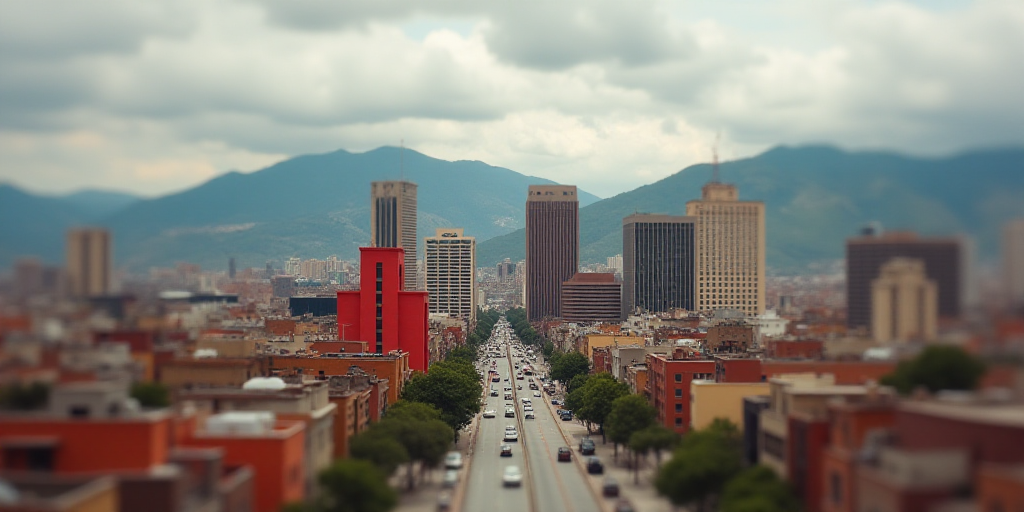a city with tall buildings and mountains in the background, with a cloudy sky in the background, and