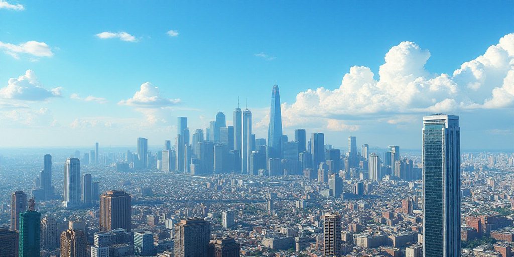 a cityscape with a lot of tall buildings and a blue sky in the background with a few clouds, Carlos