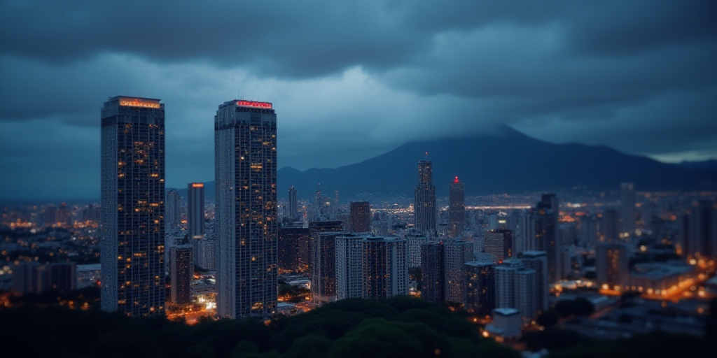 a cityscape with a very tall building at night time with a mountain in the background and a cloudy s
