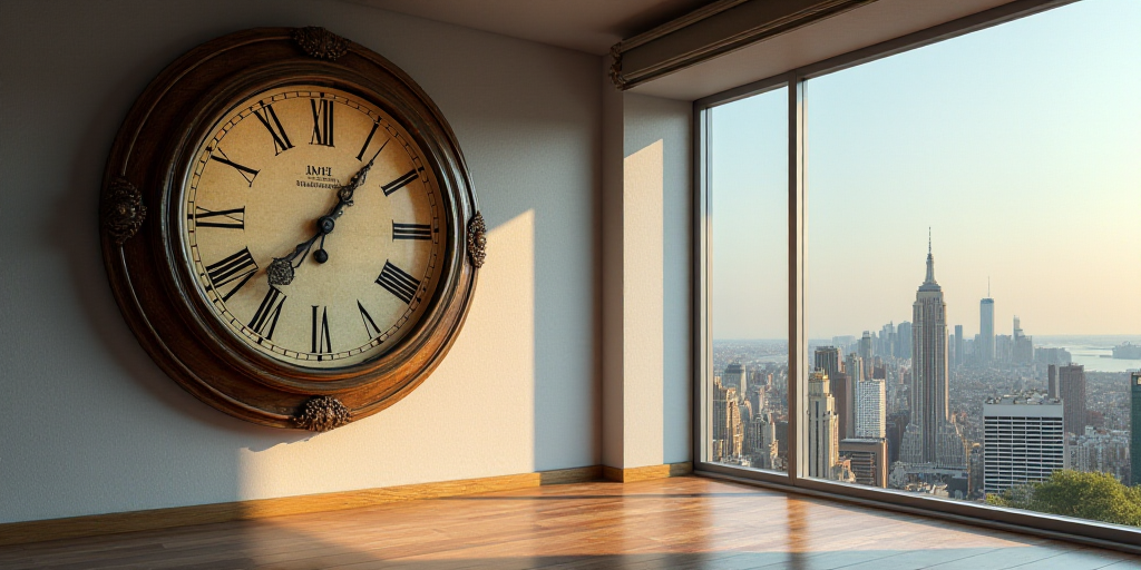 a clock that is on the side of a wall in a room with a window and a city view, Enguerrand Quarton, c