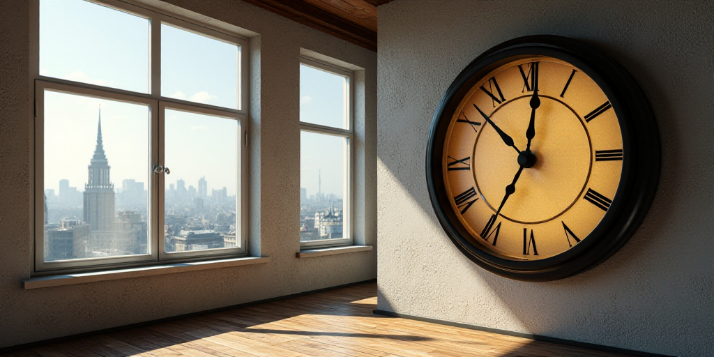 a clock that is on the side of a wall in a room with a window and a city view, Enguerrand Quarton, c