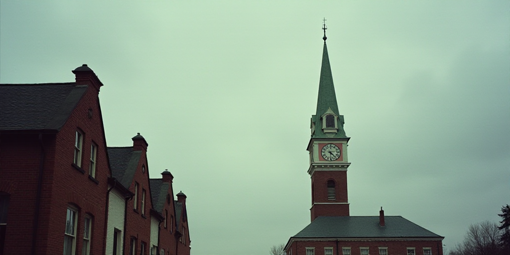a clock tower is seen in the distance of a building with a clock on it's side and a cloudy sky, Ambr
