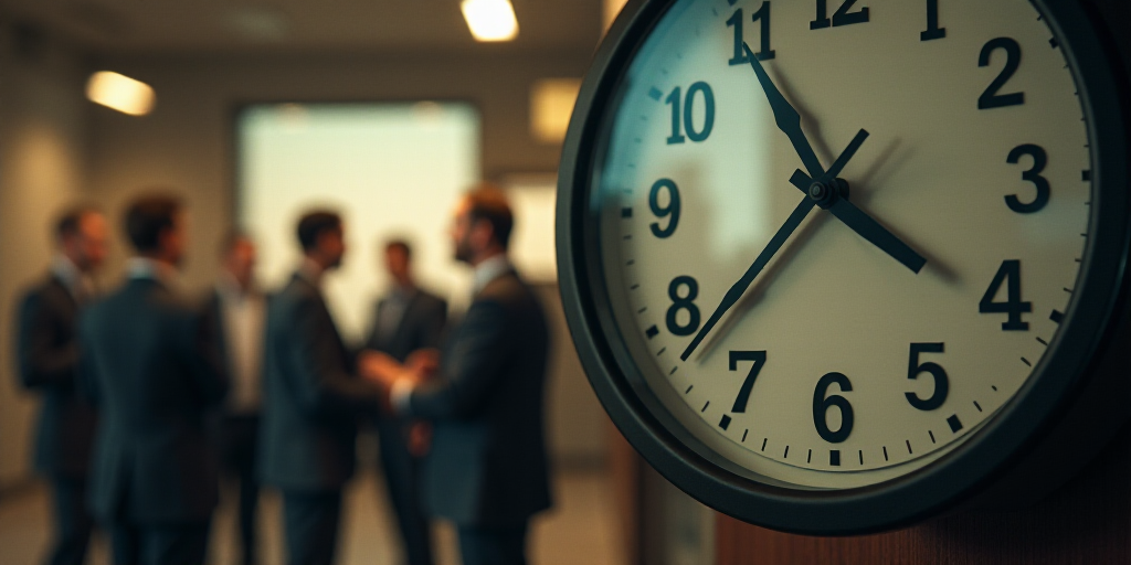 a clock with a group of men in the background with a blurry image of a clock face in the foreground,