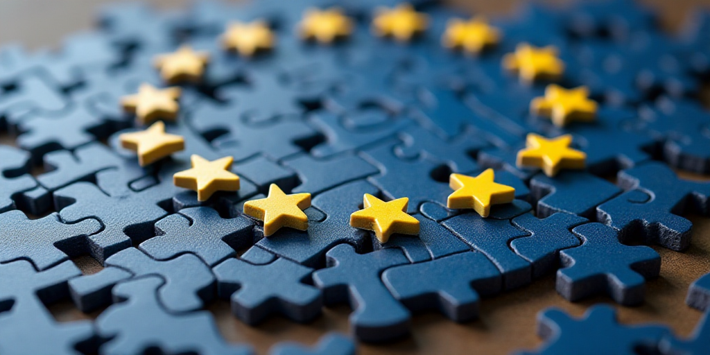 a close up of a block of block of blocks with the flag of the european union behind it and a flag of
