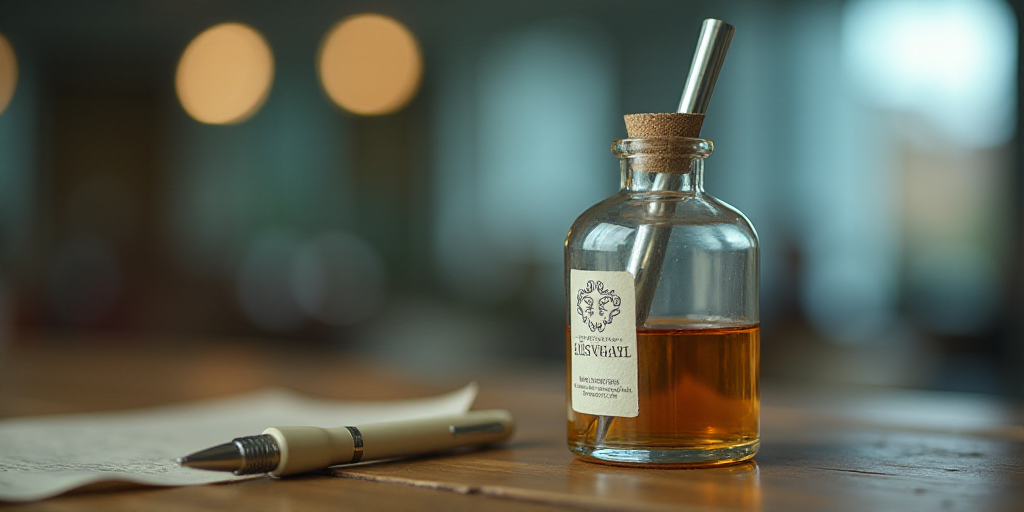 a close up of a bottle of liquid with a logo on it and a pen sticking out of it, Eric Peterson, thie