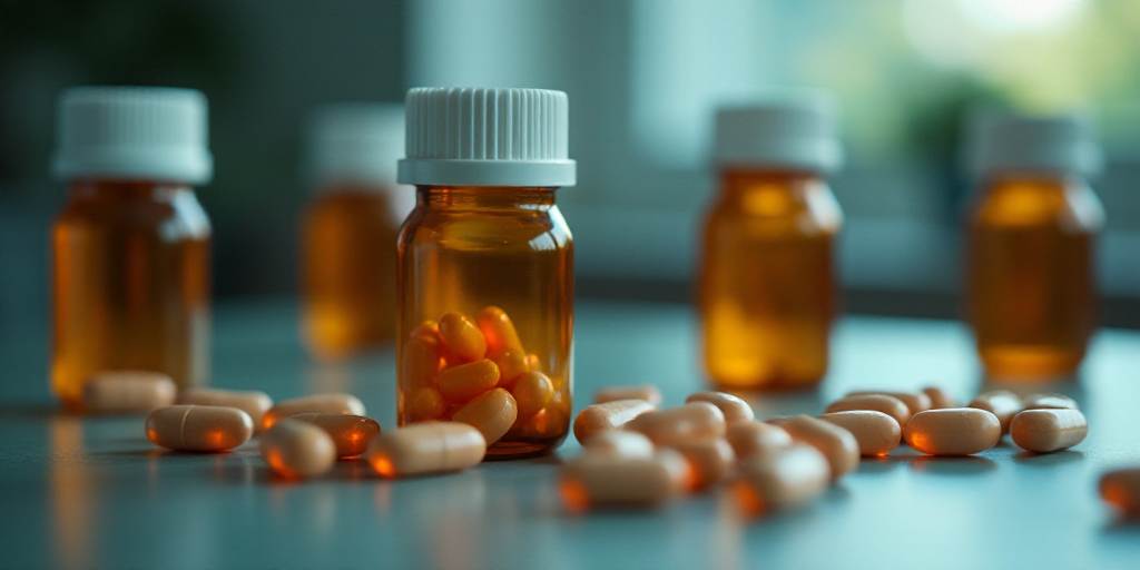 a close up of a bottle of pills and a bottle of pills on a table with other bottles in the backgroun