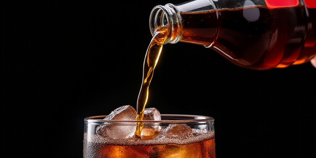 a close up of a bottle of soda being poured into ice cubes with a black background and a red cap, Do