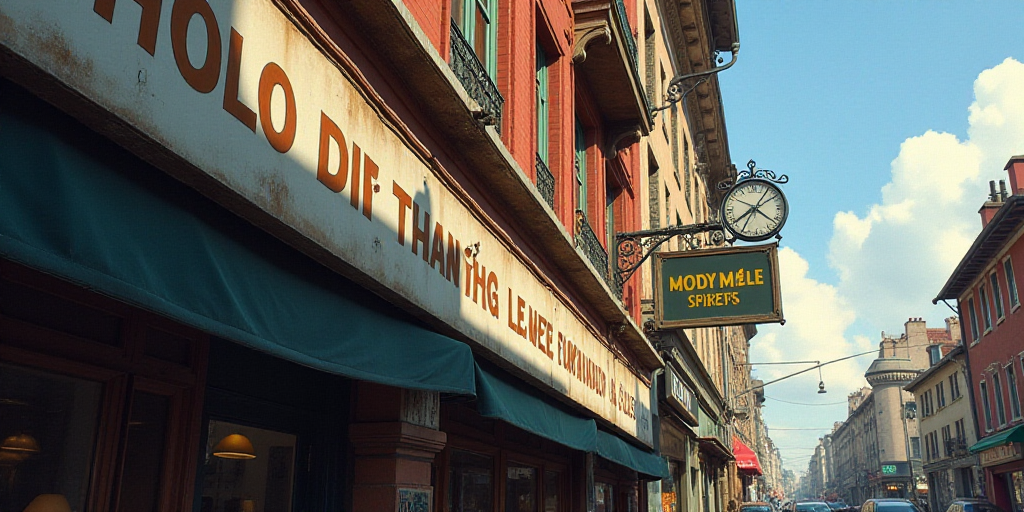 a close up of a building with a sign on it's side and a clock on the outside of it, Évariste Vital