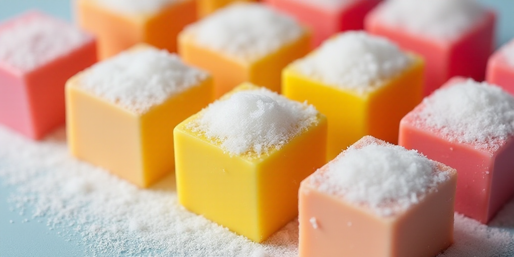 a close up of a bunch of different colored squares of food on a table with sugar on top of them, Chr