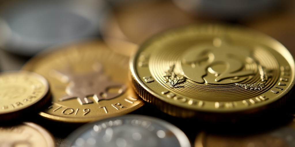 a close up of a coin with a lot of coins in the background and a blurry image of the coin, Aquirax U