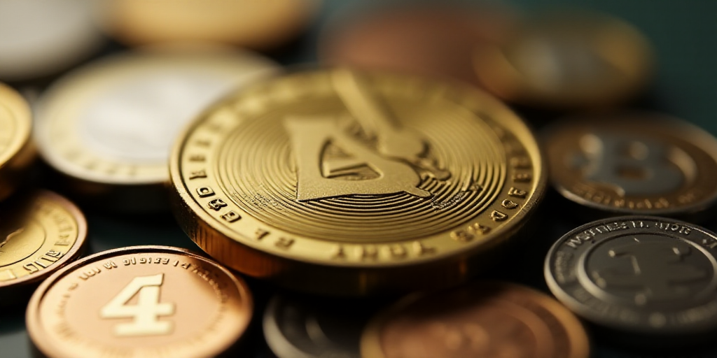 a close up of a coin with a lot of coins in the background and a blurry image of the coin, Aquirax U