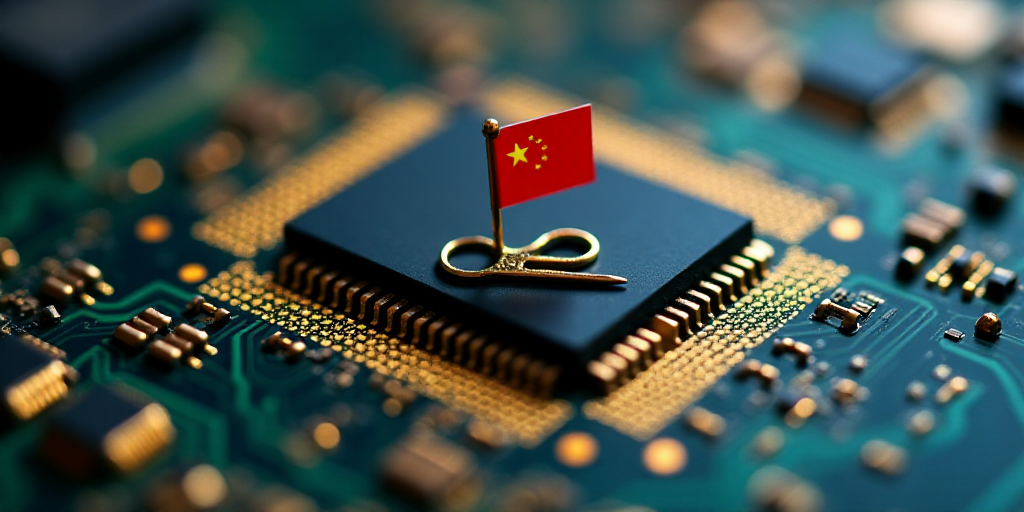 a close up of a computer chip with a flag on it and a pair of scissors in the middle, Cui Bai, micro