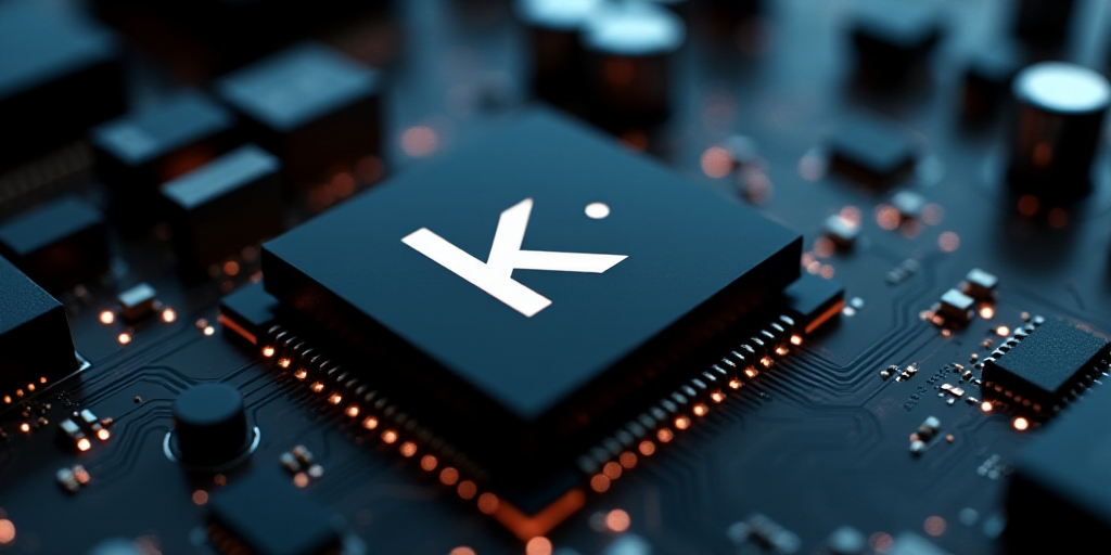 a close up of a logo on a computer motherboard with a black background and white letters that read k