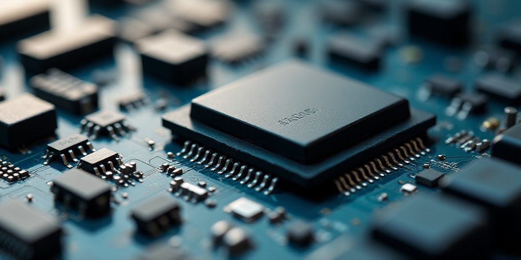 a close up of a micro processor on a printed circuit board with many small bits surrounding it and a