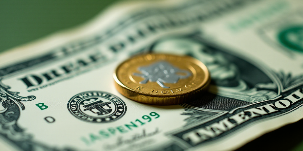 a close up of a one dollar bill with a coin on top of it and a green and white background, Aquirax U