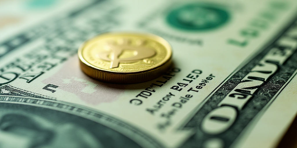 a close up of a one dollar bill with a coin on top of it and a green and white background, Aquirax U