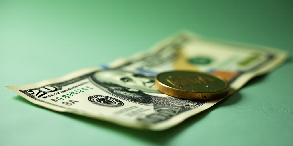 a close up of a one dollar bill with a coin on top of it and a green and white background, Aquirax U