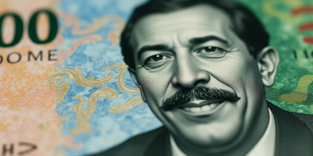 a close up of a one hundred mexican peso bill with a portrait of president ronald castro on it, Bren