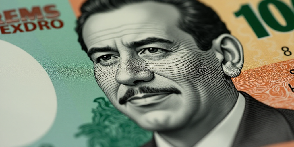 a close up of a one hundred mexican peso bill with a portrait of president ronald castro on it, Bren