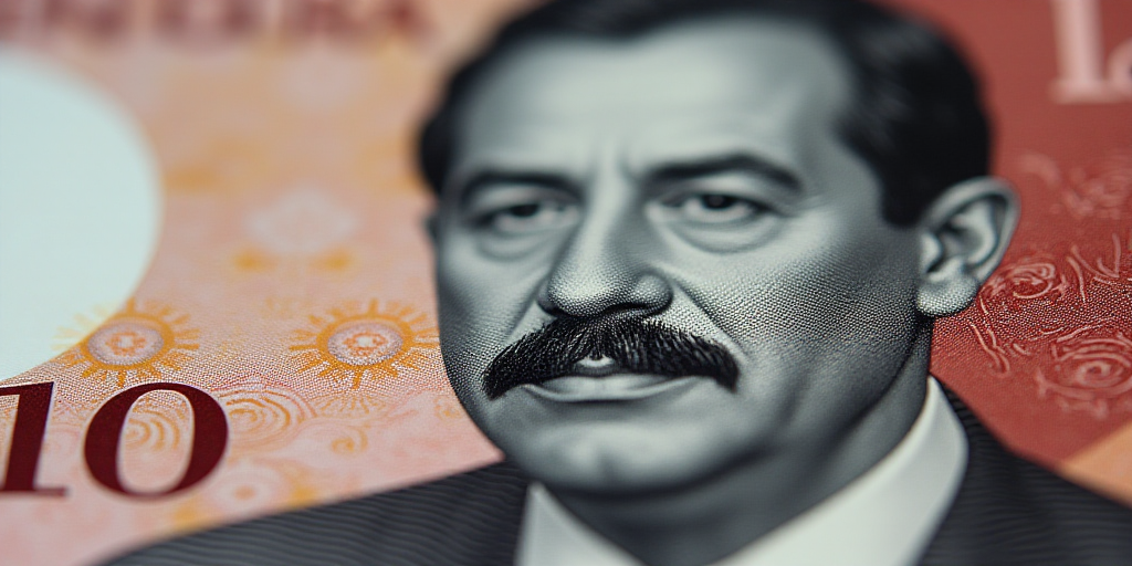 a close up of a one hundred mexican peso bill with a portrait of president ronald castro on it, Bren