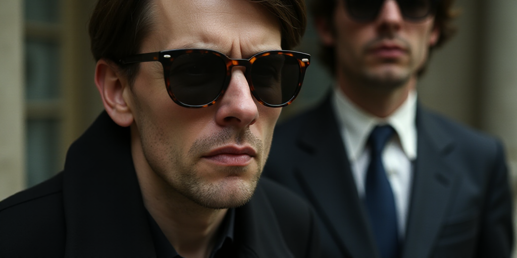 a close up of a person wearing sunglasses and a person wearing a suit and tie and a person wearing a
