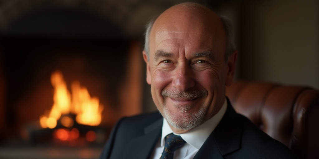 a close up of a person wearing a suit and tie smiling at the camera with a fireplace in the backgrou