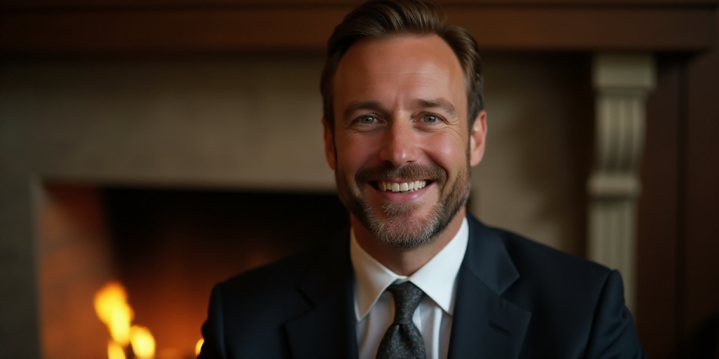 a close up of a person wearing a suit and tie smiling at the camera with a fireplace in the backgrou
