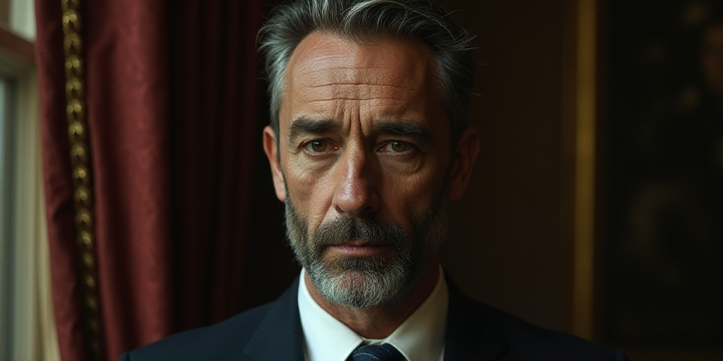 a close up of a person wearing a suit and tie with a serious look on his face and a curtain behind h
