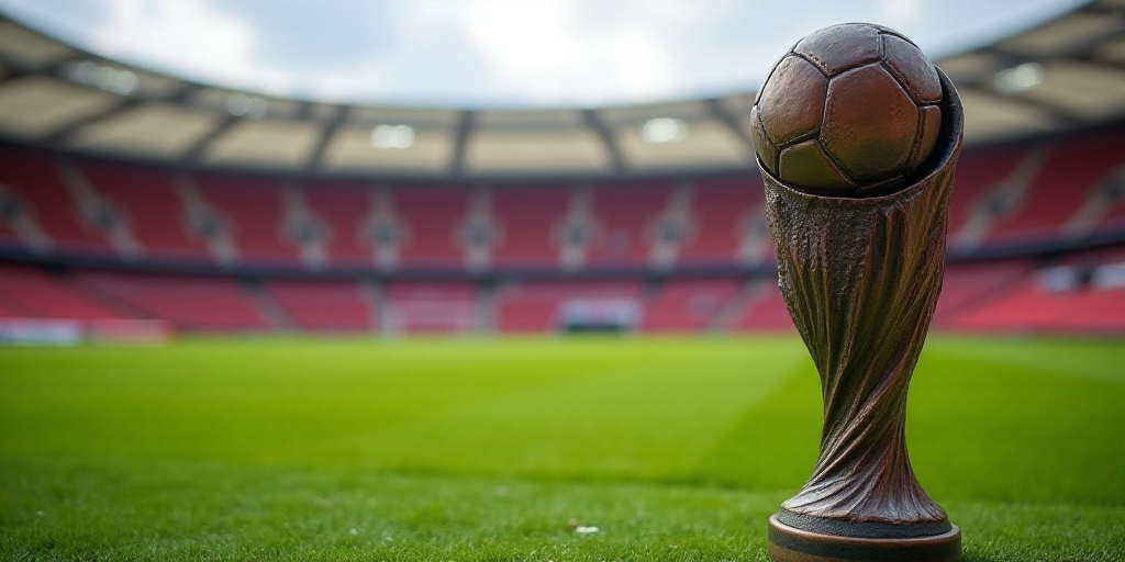 a close up of a soccer trophy on a field with a stadium in the background and a field of red seats,
