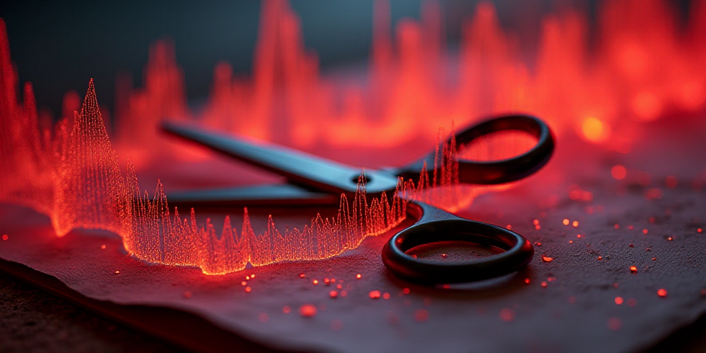 a close up of a sound wave on a piece of paper with a pair of scissors in it and a red and black bac