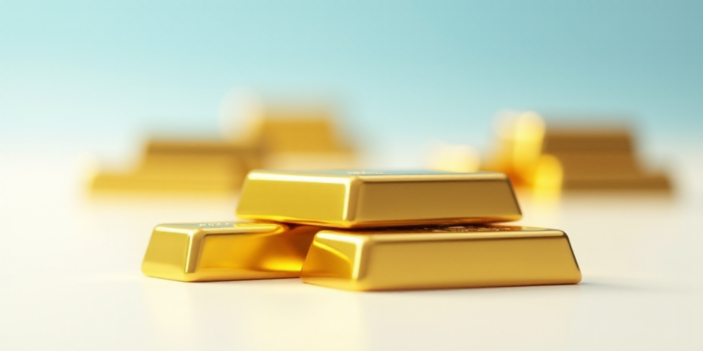 a close up of gold bars on a white background with a blue sky in the background and a few other gold