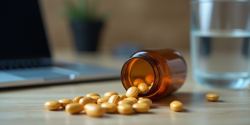 a close up of pills and a bottle of pills on a table with a laptop and a glass of water, Cao Zhibai,