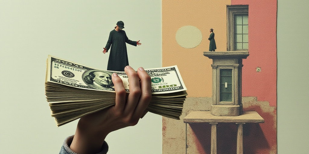 a collage of a person holding a stack of money and a building with a person standing on a platform,