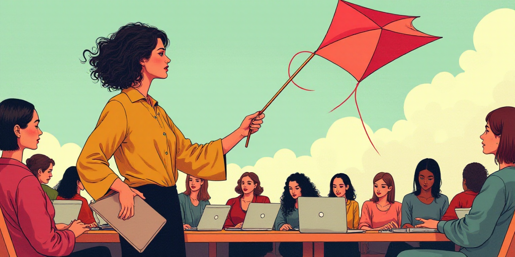 a collage of a woman holding a colorful kite in front of a group of women with laptops, Art & Langua