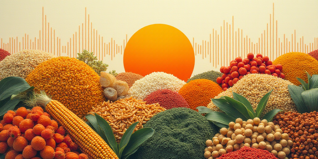a collage of different items including corn, rice, and other items with a sound wave in the backgrou