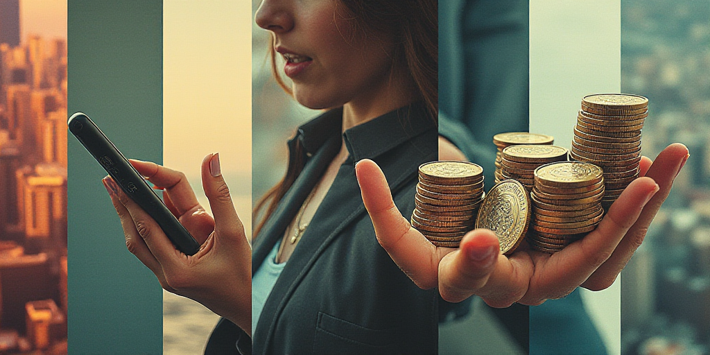 a collage of images with a woman holding a cell phone and a stack of coins in her hand, Avgust Čern