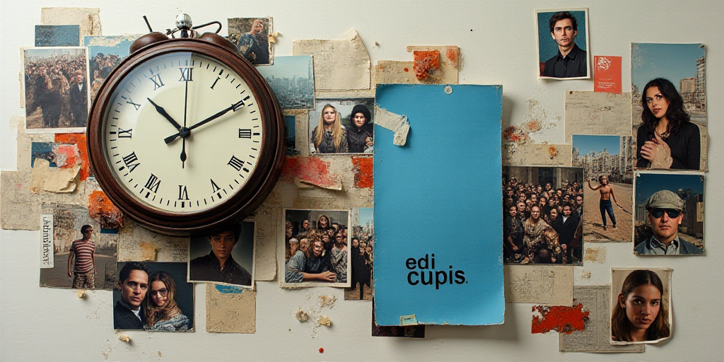 a collage of photos with a clock and a blue paper with a word on it and a group of people, Edi Rama,