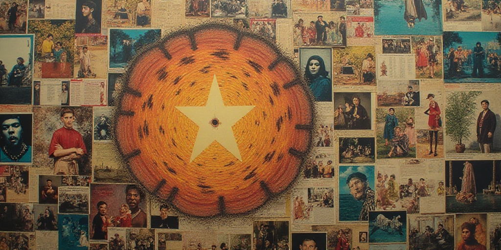 a collage of photos with people and a star in the middle of them and a calendar with images of peopl