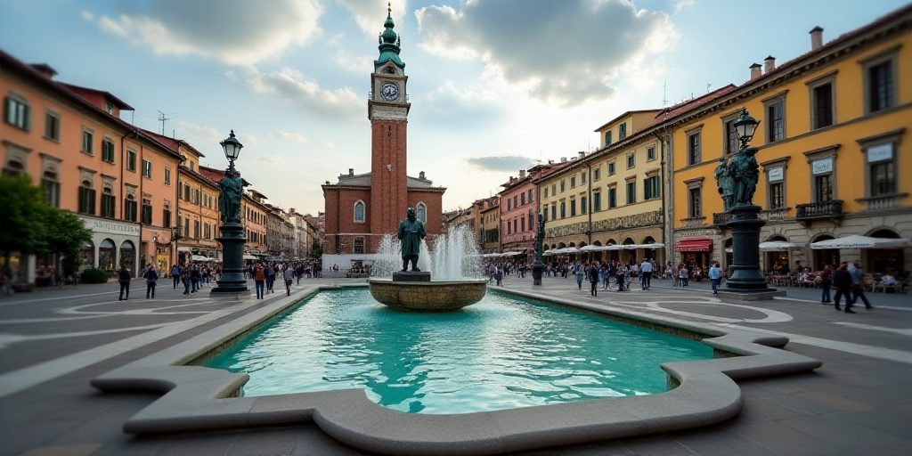 a collage of pictures of a city with a fountain and a clock tower and a statue of a man, Altichiero,