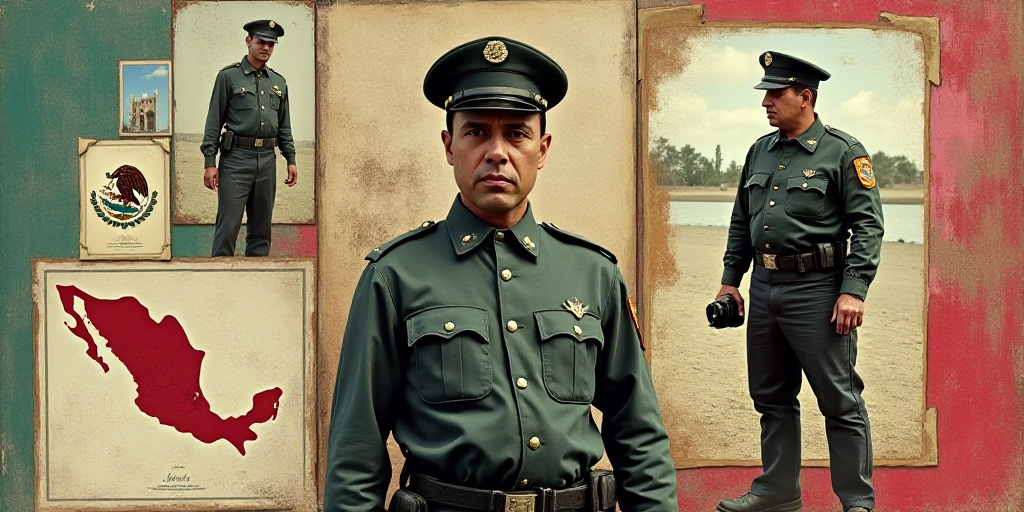 a collage of pictures with a man in uniform and a camera and a map of the country of mexico, Estuard