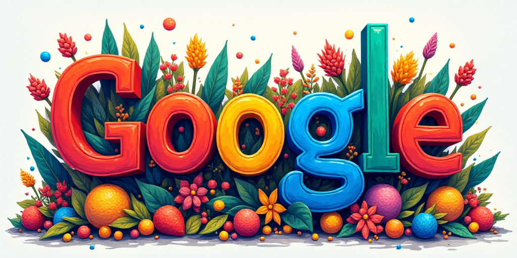 a colorful illustration of the word google in spanish and english, with a lot of colorful objects su