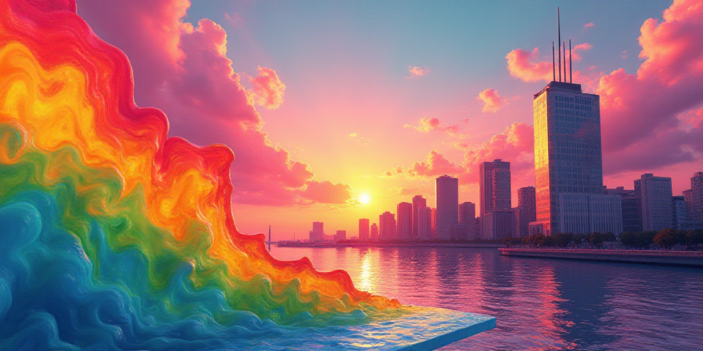a colorful poster with a city skyline in the background and a rainbow - colored background with a ra