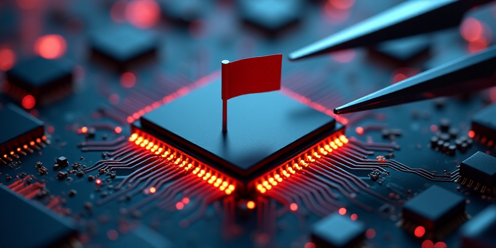 a computer chip with a flag on it being sold by a pair of scissors on top of it with a computer chip